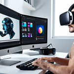 **

A content creator using AI-powered video editing software on a modern computer. The scene should depict a bright and creative workspace with VR/AR headsets visible in the background, symbolizing the use of cutting-edge technology in content production.

**