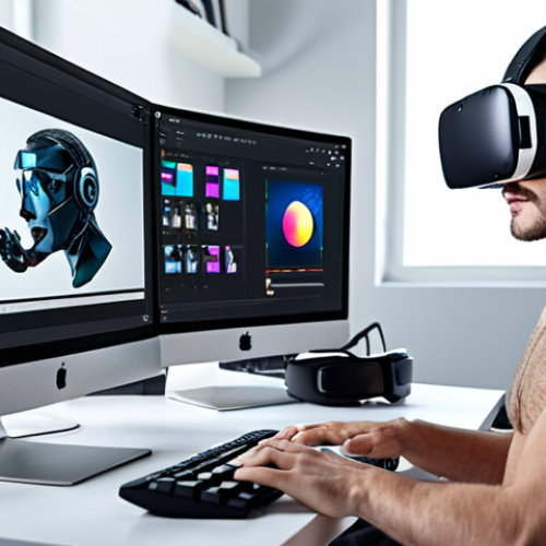**

A content creator using AI-powered video editing software on a modern computer. The scene should depict a bright and creative workspace with VR/AR headsets visible in the background, symbolizing the use of cutting-edge technology in content production.

**