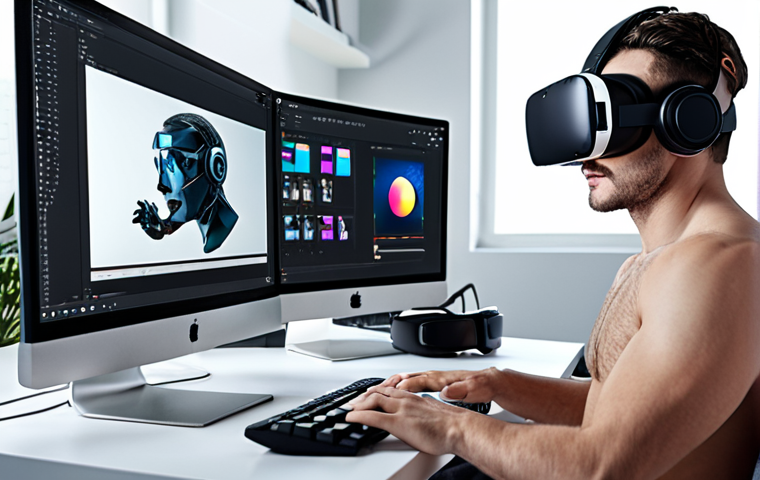 **

A content creator using AI-powered video editing software on a modern computer. The scene should depict a bright and creative workspace with VR/AR headsets visible in the background, symbolizing the use of cutting-edge technology in content production.

**