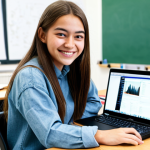 **

A young woman in her 20s, a student of media production, sitting at a desk in a classroom setting, fully clothed in a casual but professional outfit (jeans and a blouse or sweater). She is smiling and looking at a laptop displaying video editing software. The classroom is modern and well-lit with other students working in the background. Safe for work, appropriate content, fully clothed, professional learning environment, perfect anatomy, natural proportions, well-formed hands, proper finger count.

**