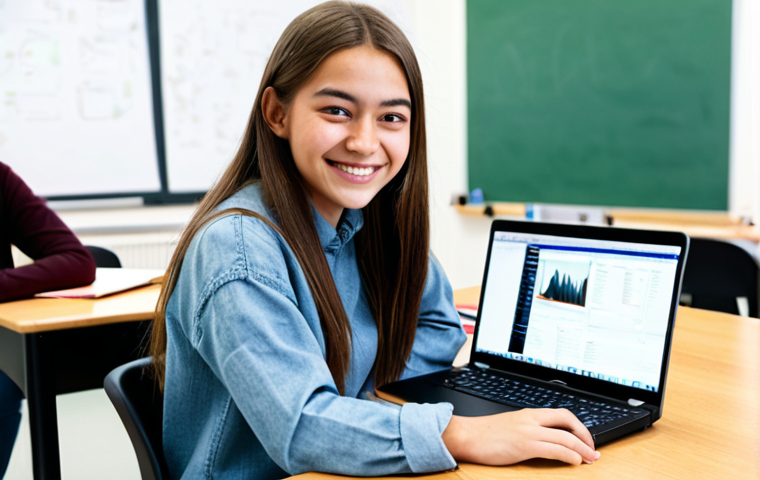 **

A young woman in her 20s, a student of media production, sitting at a desk in a classroom setting, fully clothed in a casual but professional outfit (jeans and a blouse or sweater). She is smiling and looking at a laptop displaying video editing software. The classroom is modern and well-lit with other students working in the background. Safe for work, appropriate content, fully clothed, professional learning environment, perfect anatomy, natural proportions, well-formed hands, proper finger count.

**