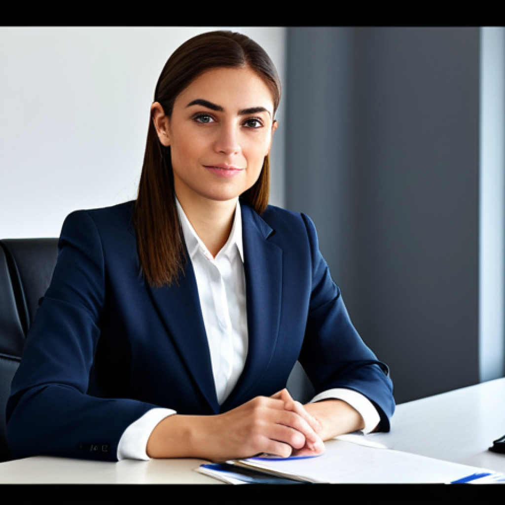 미디어 프로듀서가 공부해야 할 필수 과목 - **A professional businesswoman in a modest business suit, sitting at a desk in a modern office, full...