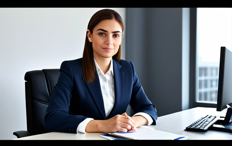 미디어 프로듀서가 공부해야 할 필수 과목 - **A professional businesswoman in a modest business suit, sitting at a desk in a modern office, full...