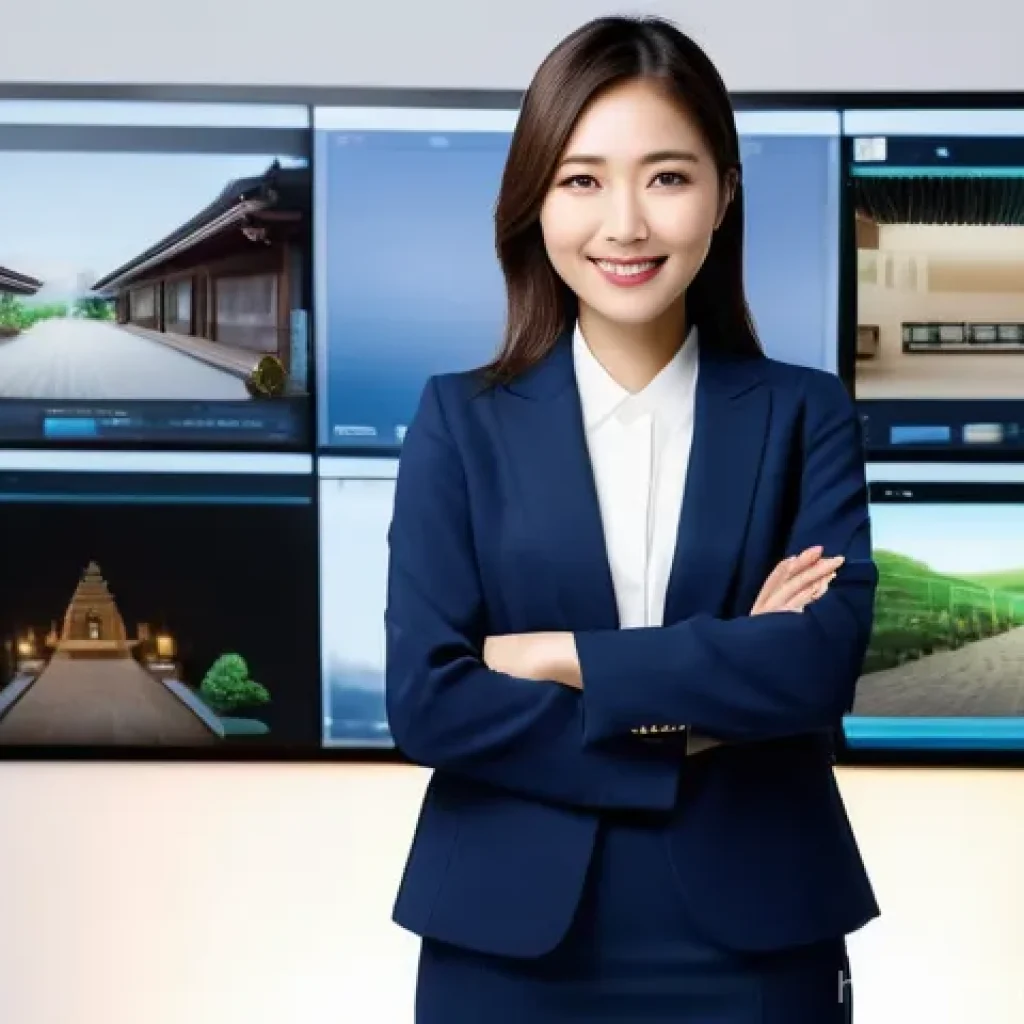미디어 프로듀서 취업을 위한 포트폴리오 작성법 - **Prompt:** A vibrant and dynamic portrait of a young Japanese media producer, around 20-30 years ol...