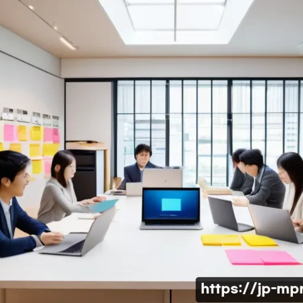 미디어 프로듀서가 알아야 할 제작 프로세스 - A modern creative meeting room scene in Japan, featuring a diverse team of young professionals brain...
