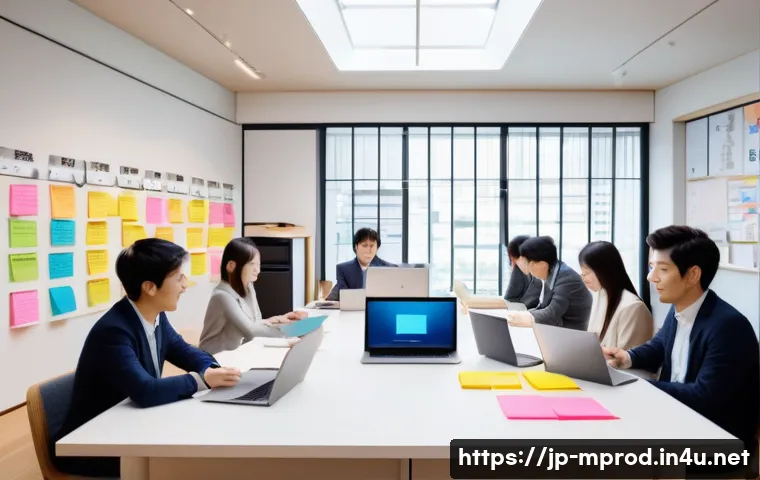 미디어 프로듀서가 알아야 할 제작 프로세스 - A modern creative meeting room scene in Japan, featuring a diverse team of young professionals brain...