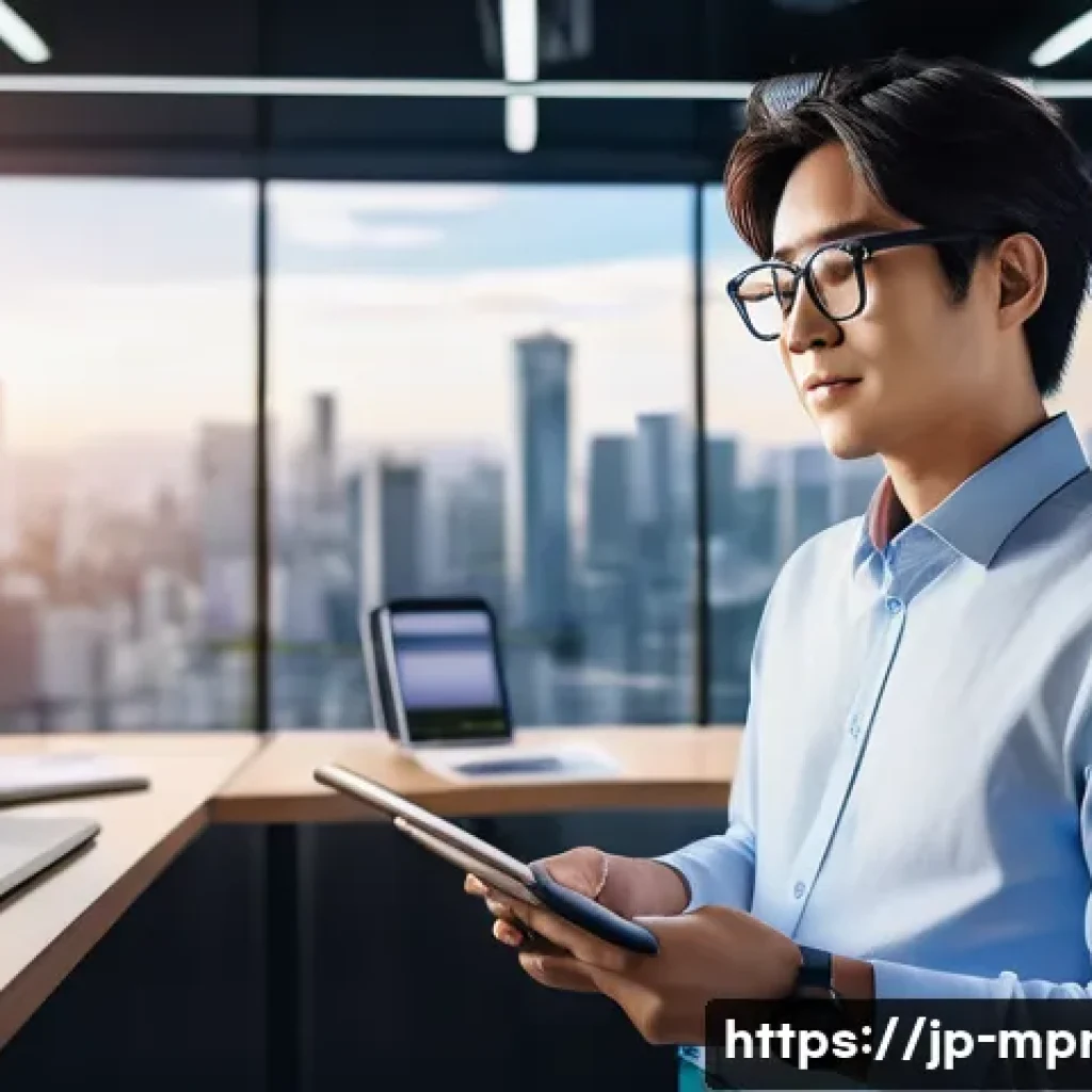 미디어 프로듀서의 필수 경력 개발 팁 - A modern Japanese media producer in a stylish office setting, surrounded by multiple digital screens...