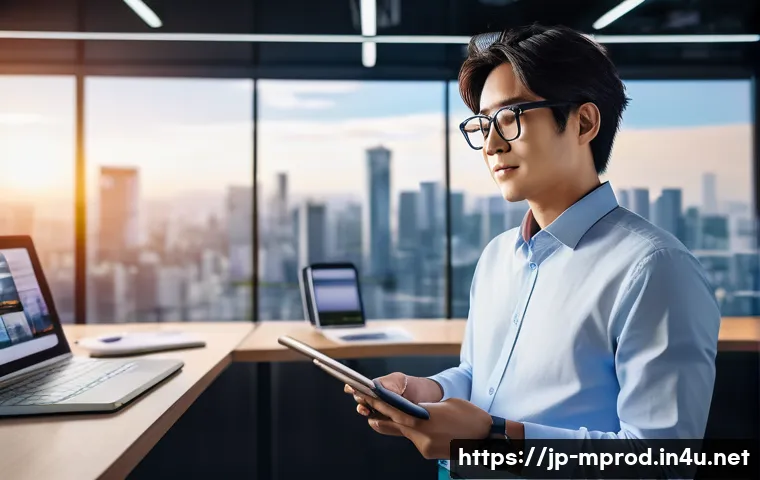 미디어 프로듀서의 필수 경력 개발 팁 - A modern Japanese media producer in a stylish office setting, surrounded by multiple digital screens...