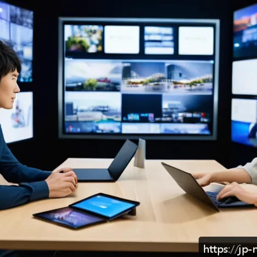 미디어 프로듀서가 참여한 유명 프로젝트 사례 - A vibrant multi-platform media project scene showing a diverse team of Japanese media producers coll...
