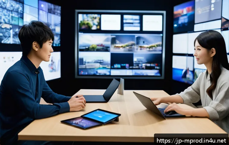 미디어 프로듀서가 참여한 유명 프로젝트 사례 - A vibrant multi-platform media project scene showing a diverse team of Japanese media producers coll...