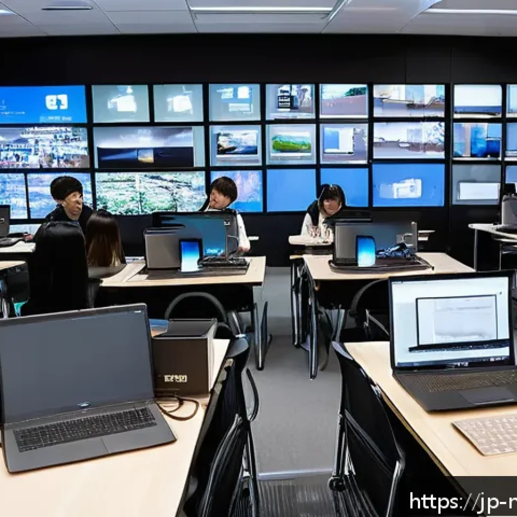 미디어 프로듀서 실무 강의 추천 - A modern digital media classroom scene featuring a diverse group of Japanese students attentively le...