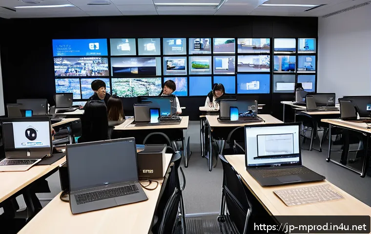 미디어 프로듀서 실무 강의 추천 - A modern digital media classroom scene featuring a diverse group of Japanese students attentively le...