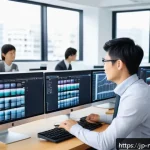 미디어 프로듀서가 익혀야 할 필수 기술 - A modern Japanese media production office scene, showing a diverse team of young professionals colla...