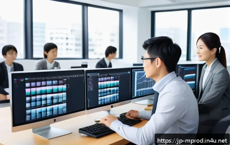 미디어 프로듀서가 익혀야 할 필수 기술 - A modern Japanese media production office scene, showing a diverse team of young professionals colla...