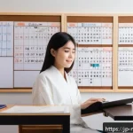 미디어 프로듀서 자격증 시험 후기 - A modern Japanese study room with a young adult Japanese woman sitting at a clean desk, focused on a...