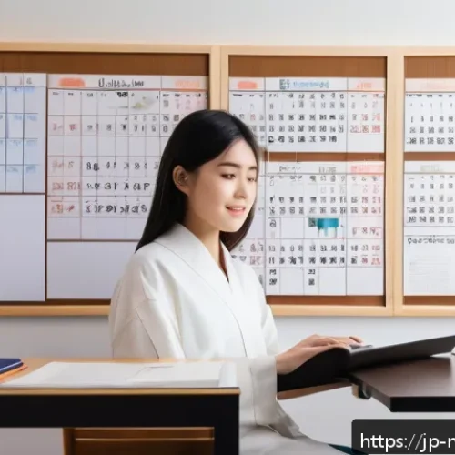미디어 프로듀서 자격증 시험 후기 - A modern Japanese study room with a young adult Japanese woman sitting at a clean desk, focused on a...