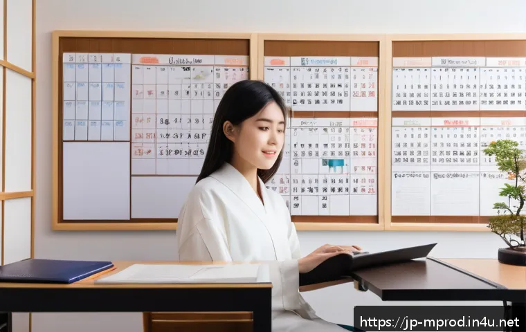미디어 프로듀서 자격증 시험 후기 - A modern Japanese study room with a young adult Japanese woman sitting at a clean desk, focused on a...