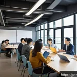 미디어 프로듀서와 팀 협업의 중요성 - A modern Japanese media production team in a bright, open office space, engaged in a lively brainsto...