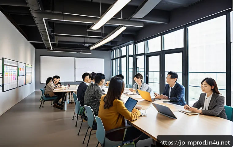 미디어 프로듀서와 팀 협업의 중요성 - A modern Japanese media production team in a bright, open office space, engaged in a lively brainsto...
