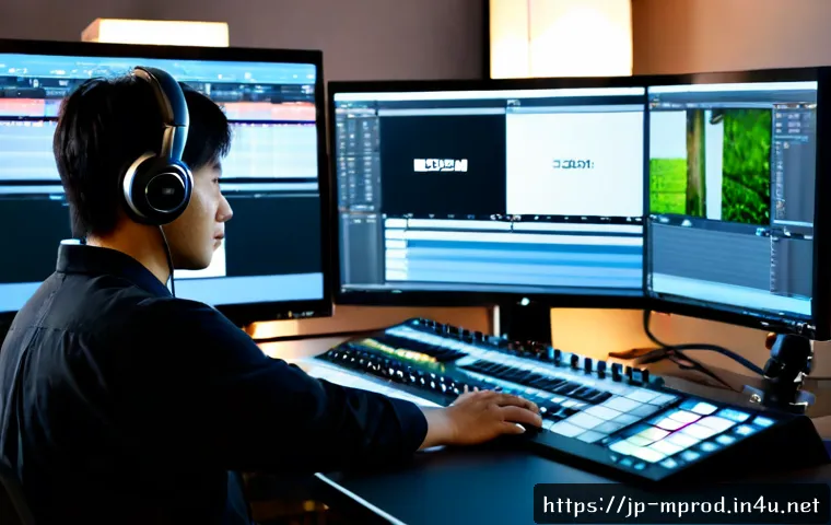 미디어 프로듀서가 알아야 할 영상 콘텐츠 제작 기술 - Photorealistic media producer reviewing a video production timeline on a large monitor in a modern e...