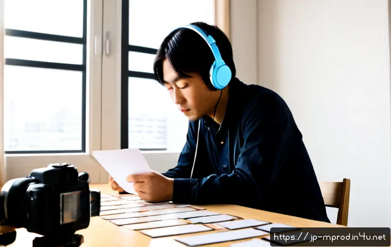미디어 프로듀서의 스토리텔링 실력 키우기 - Photorealistic Japanese media producer in a modern Tokyo studio, thoughtfully arranging blank storyb...